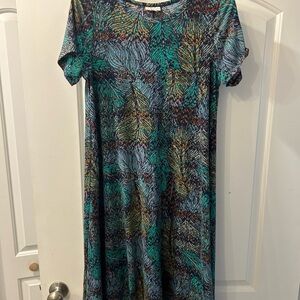 LuLaRoe Blue and Green Leaf Print Midi Dress